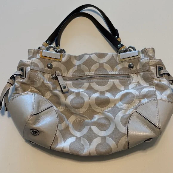 Coach Signature Gray Canvas Leather Trim Turnlock Satchel Shoulder Bag - Picture 3 of 7